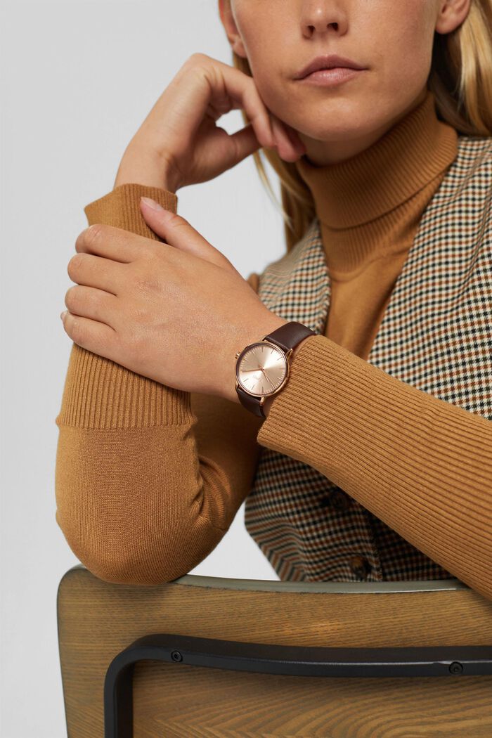 Edelstahl-Uhr mit Leder-Armband, BROWN, detail image number 2