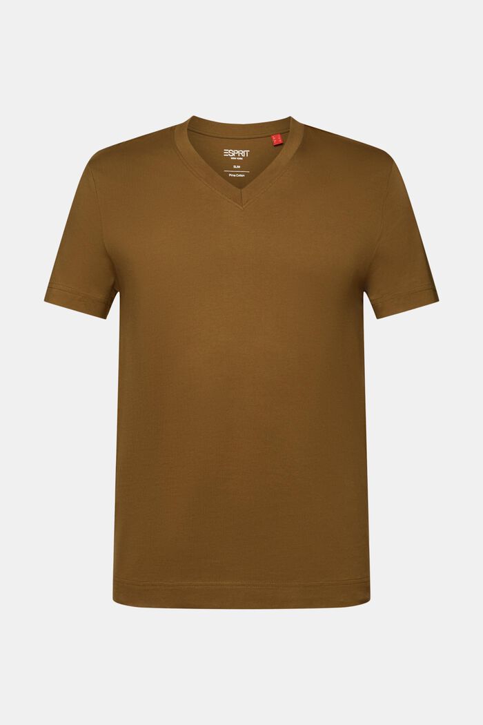 Jersey-T-Shirt mit V-Ausschnitt, 100 % Baumwolle, DARK KHAKI, detail image number 6