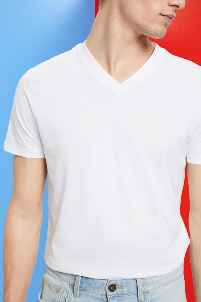 T-Shirt aus Baumwolle mit V-Ausschnitt, Slim Fit, WHITE, detail image number 2