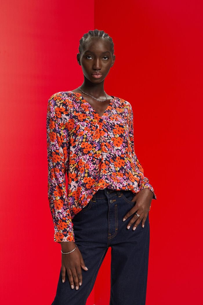 Florale Bluse mit V-Ausschnitt, NEW NAVY, detail image number 0