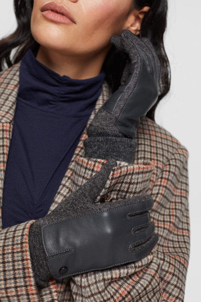 Handschuhe aus Wollmix mit Lederbesatz, ANTHRACITE, detail image number 2