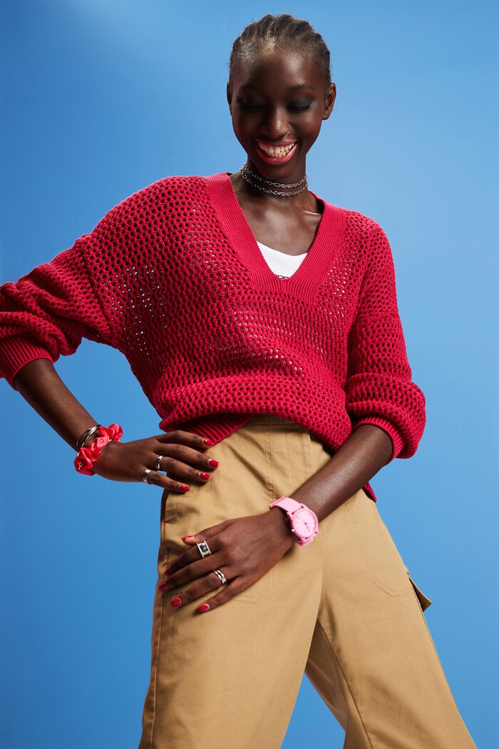 V-Ausschnitt-Pullover aus nachhaltiger Baumwollle, DARK RED, detail image number 4