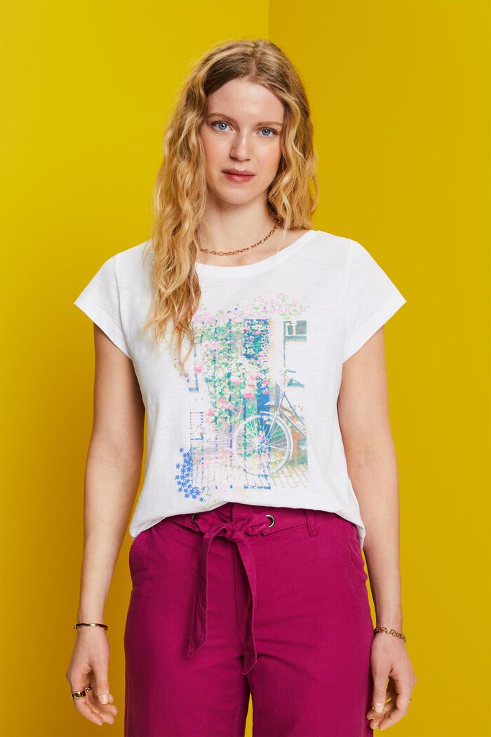 T-Shirt mit Print auf der Vorderseite, 100 % Baumwolle, WHITE, detail image number 0