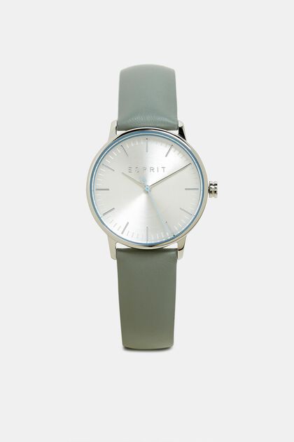Edelstahl-Uhr mit Leder-Armband, SILVER, overview