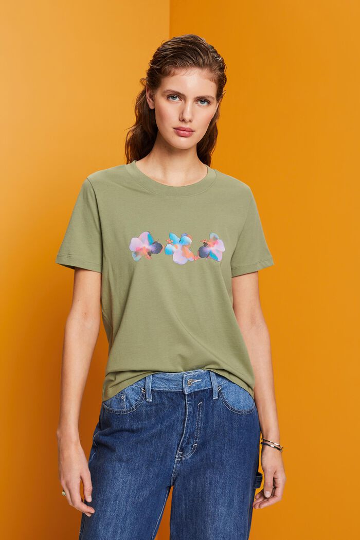 Baumwoll-T-Shirt mit Blumenprint, LIGHT KHAKI, detail image number 0