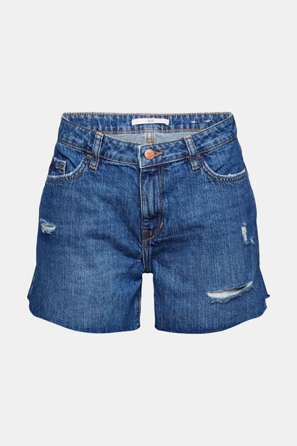 Jeans-Shorts im Used-Look, 100% Baumwolle, BLUE DARK WASHED, overview