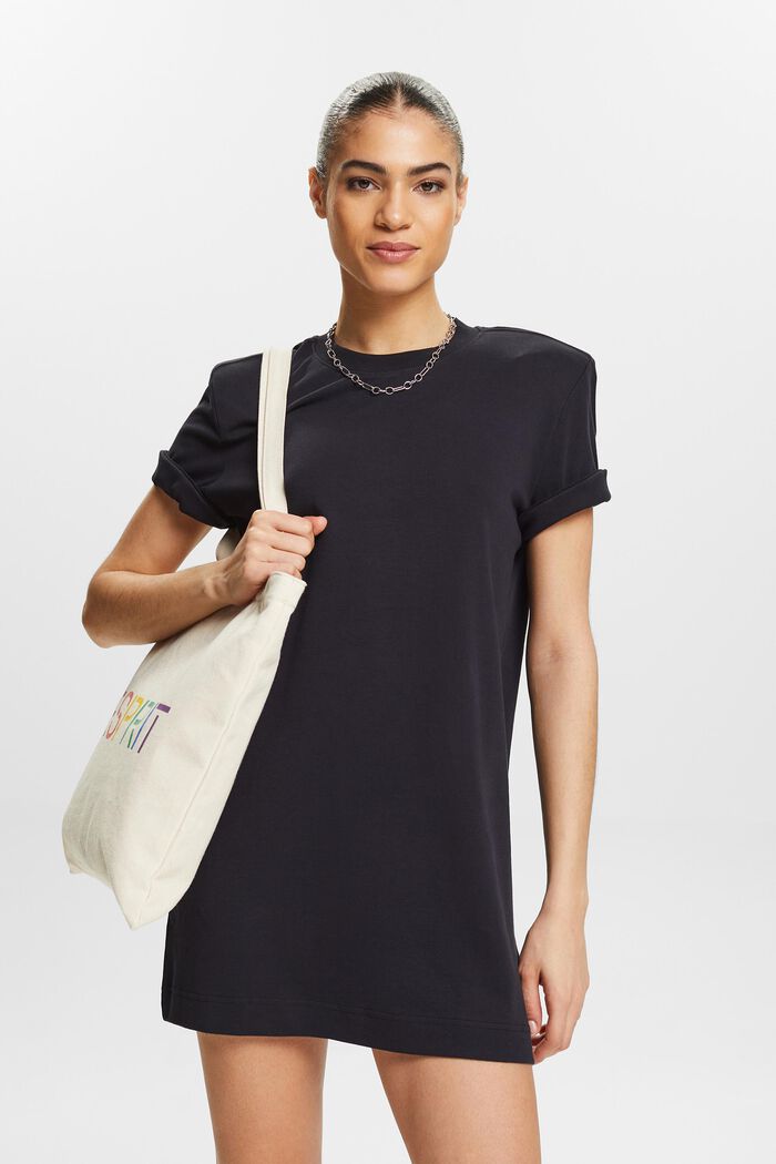 T-Shirt-Kleid aus Baumwolle mit Schulterpolster, BLACK, detail image number 0