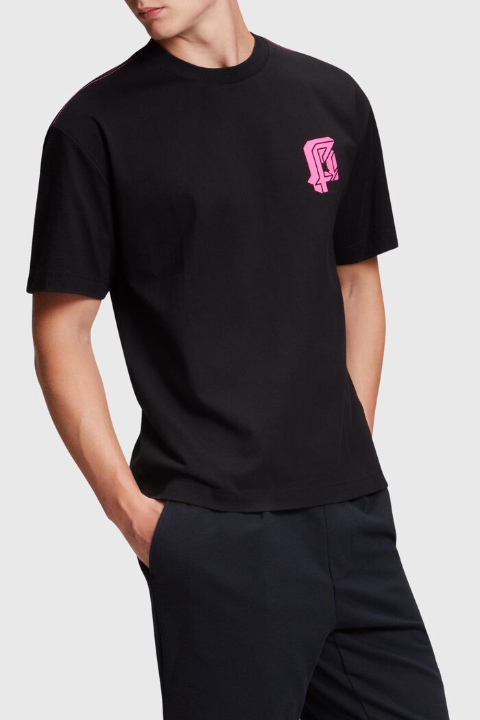 Relaxed Fit T-Shirt mit neonfarbigem Print, BLACK, detail image number 0