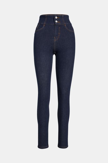 Body Contour: High-Rise-Jeans im Skinny Fit, BLUE DARK WASHED, overview