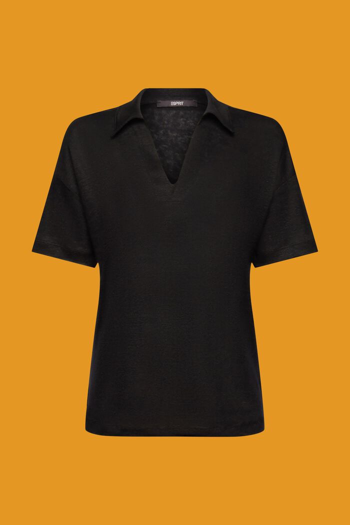 T-Shirt mit Polokragen, 100 % Leinen, BLACK, detail image number 6