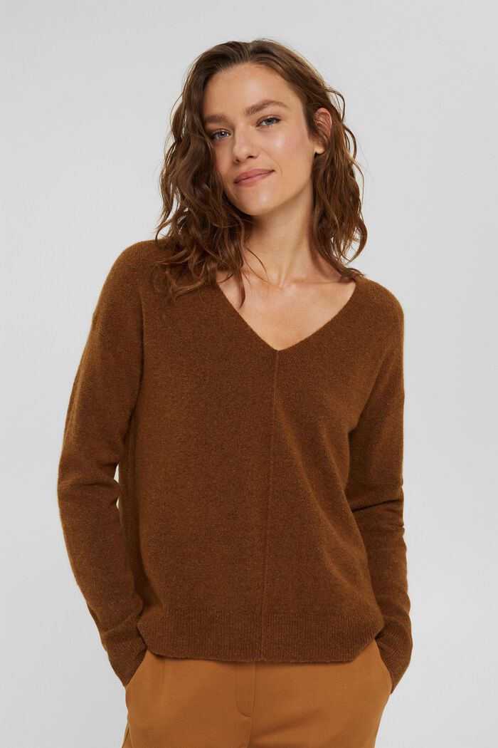Mit Wolle: V-Neck-Pullover, TOFFEE, detail image number 0