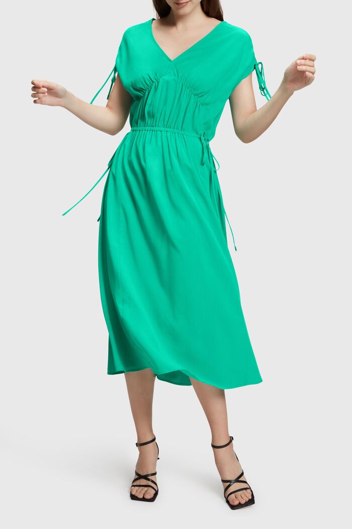 RAYON SILK Kleid mit Rüschen-V-Ausschnitt, GREEN, detail image number 0