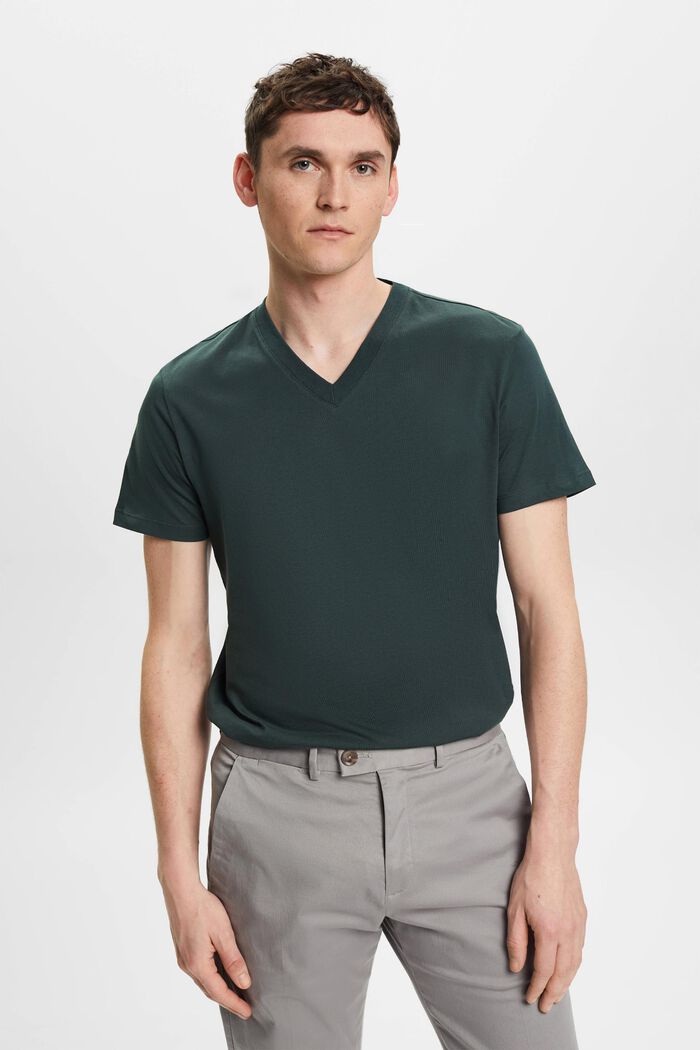 T-Shirt aus Baumwolle mit V-Ausschnitt, Slim Fit, TEAL BLUE, detail image number 0