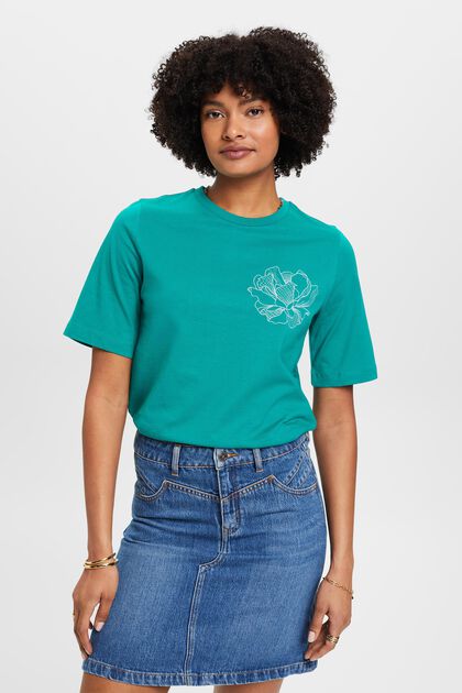 Baumwoll-T-Shirt mit floraler Stickerei