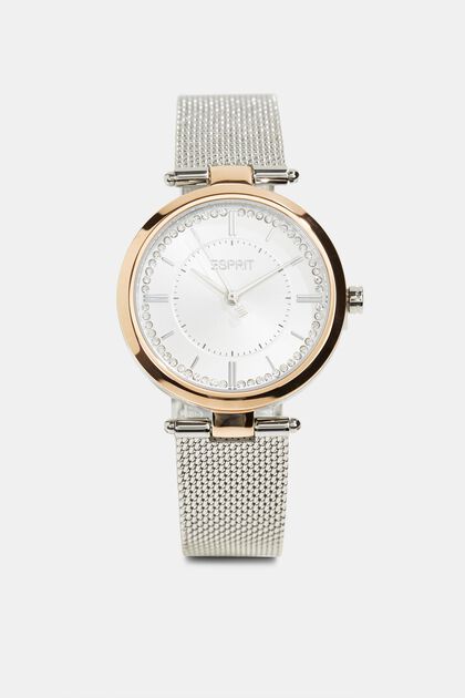 Edelstahl-Uhr mit Zirkonia und Mesh-Armband, SILVER, overview