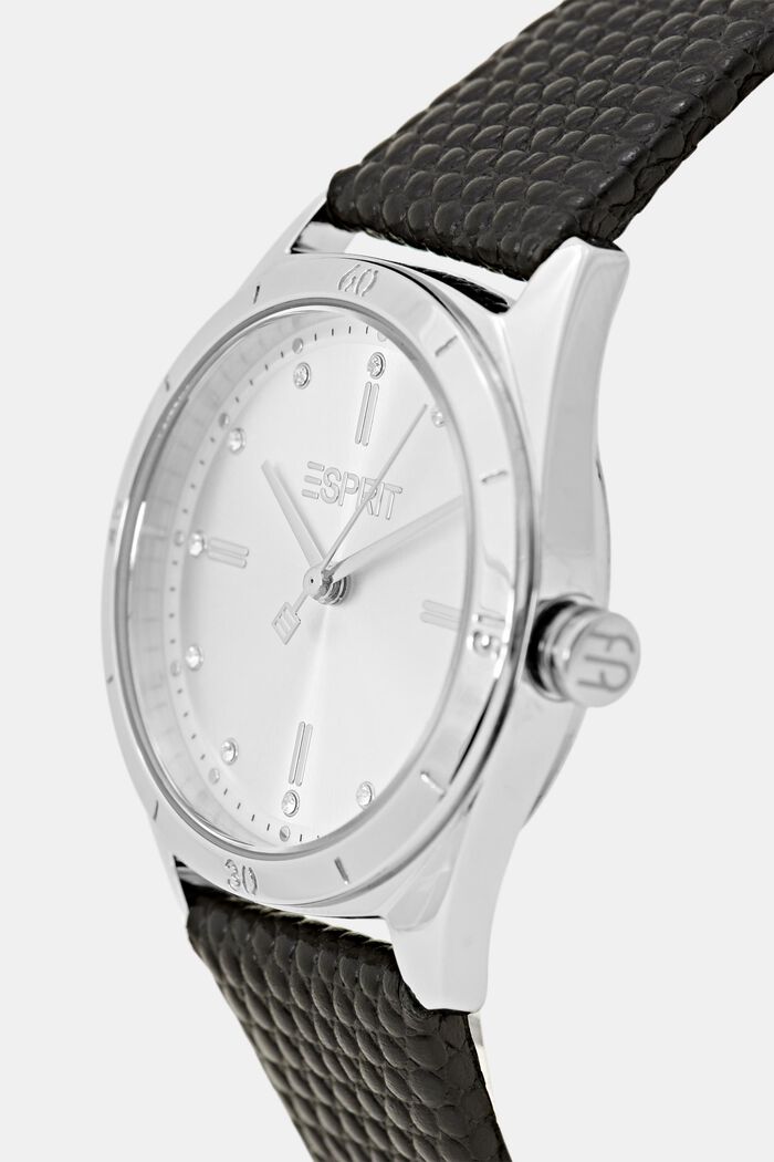 Edelstahl-Uhr mit Struktur-Lederarmband, BLACK, detail image number 1