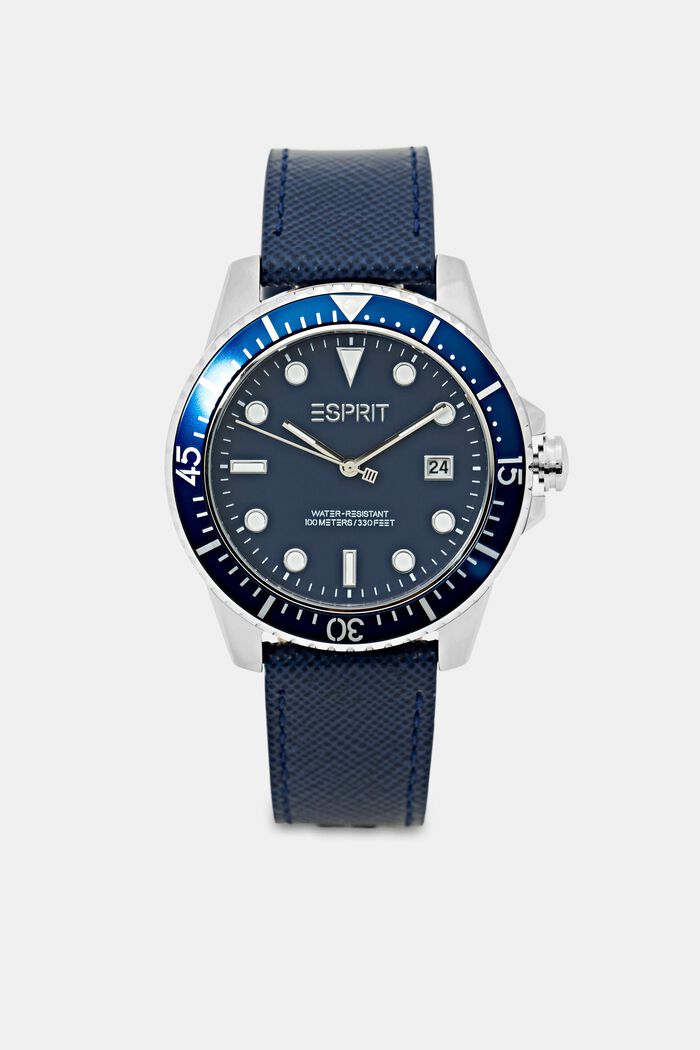 Edelstahl-Uhr mit Lederarmband, BLUE, overview