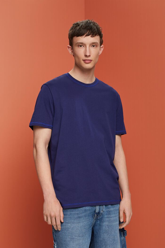 Jersey-T-Shirt mit kontrastfarbenen Säumen, DARK BLUE, detail image number 0
