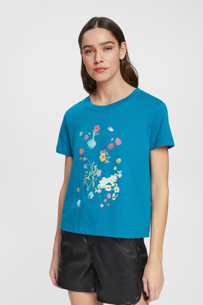 T-Shirt mit Blumen-Print, TEAL BLUE, detail image number 0