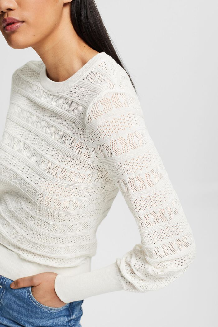 Pullover mit Ajourmuster, 100% Baumwolle, OFF WHITE, detail image number 2