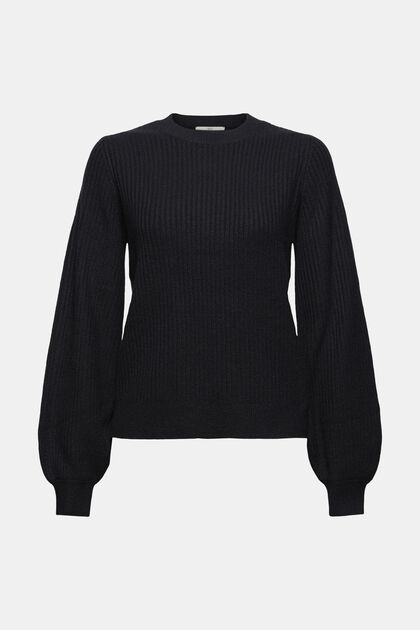 Mit Wolle: Pullover mit Ballonärmel, BLACK, overview
