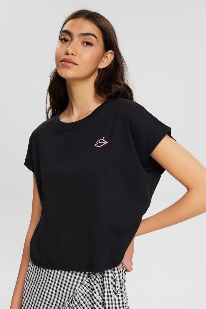 Cropped T-Shirt mit Print, BLACK, overview