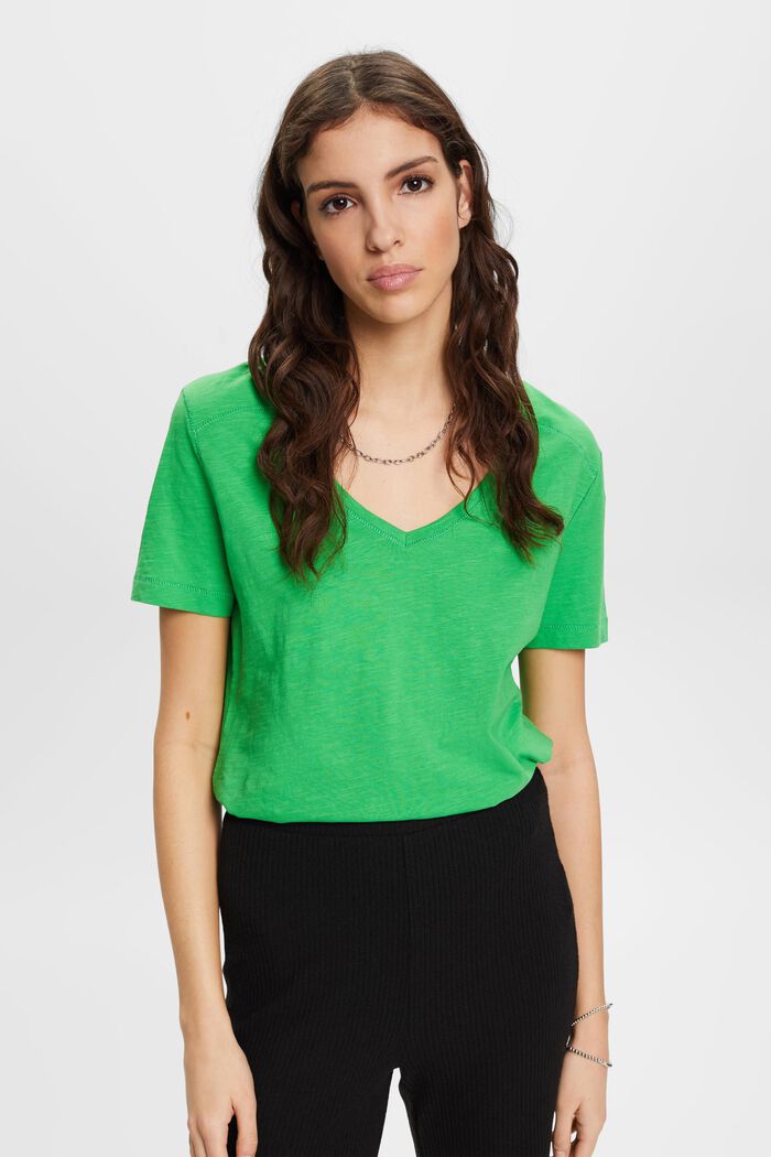 Baumwoll-T-Shirt mit V-Ausschnitt und Ziernähten, GREEN, detail image number 0