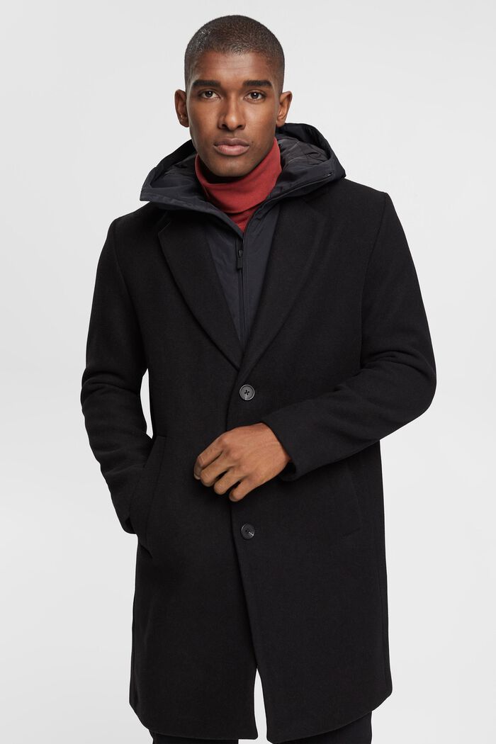 Mantel aus Wollmix mit abnehmbarer Kapuze, BLACK, detail image number 1