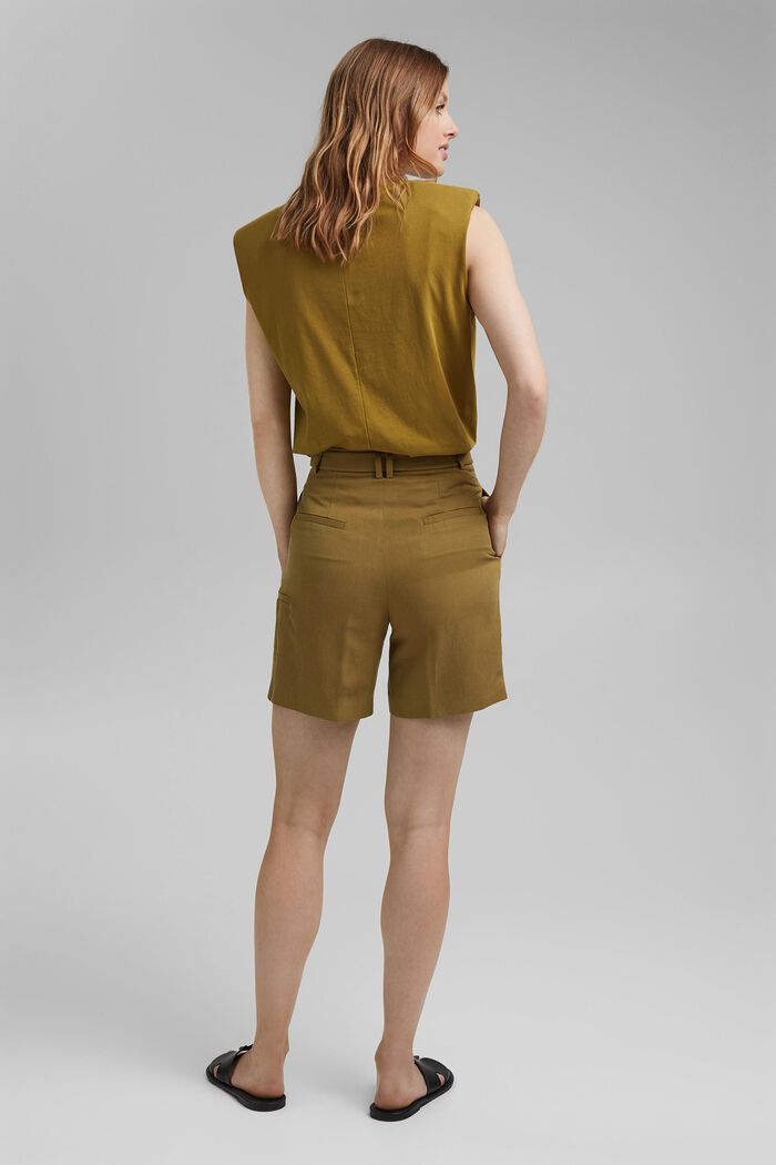 Mit Leinen: Highwaist-Shorts mit Gürtel, OLIVE, detail image number 3