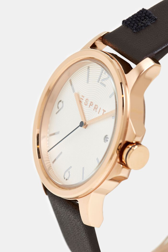 Edelstahl-Uhr mit Leder-Armband, BROWN, detail image number 1