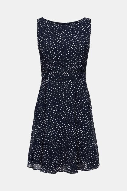 Recycelt: Chiffon-Kleid mit geraffter Taille, NAVY BLUE, overview