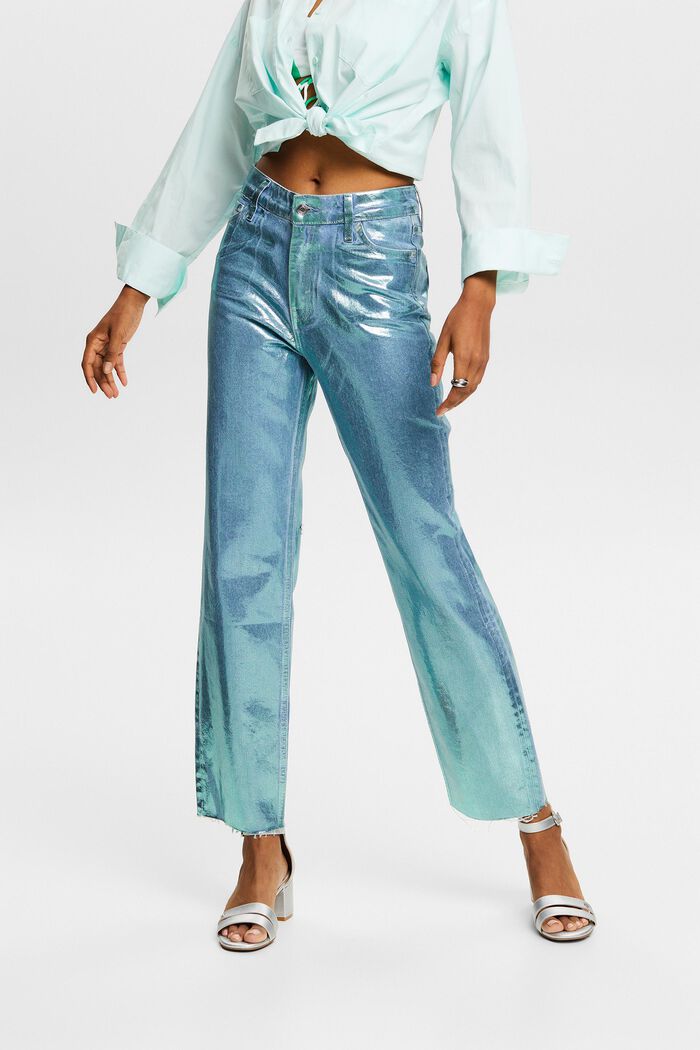 Gerade Retro-Jeans mit hohem Bund im Metallic-Look, DENIM/PISTACHIO GREEN, detail image number 0