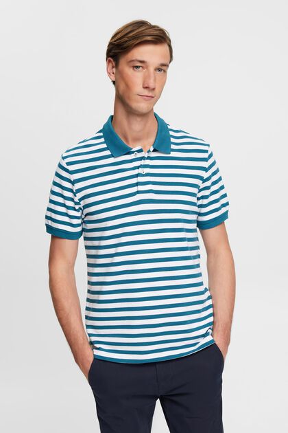 Gestreiftes Slim-Fit-Poloshirt, PETROL BLUE, overview