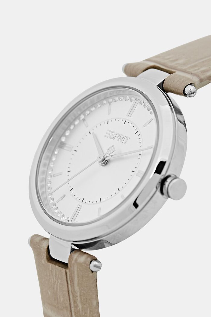 Edelstahl-Uhr mit strukturiertem Lederarmband, GREY, detail image number 1