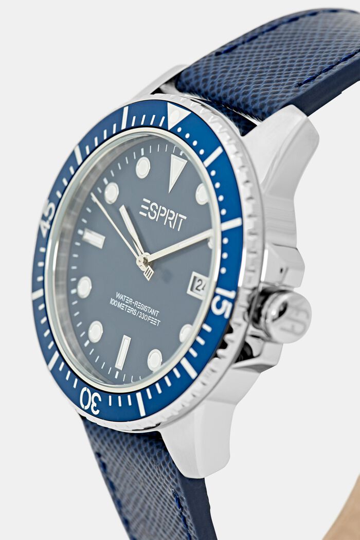 Edelstahl-Uhr mit Lederarmband, BLUE, detail image number 1