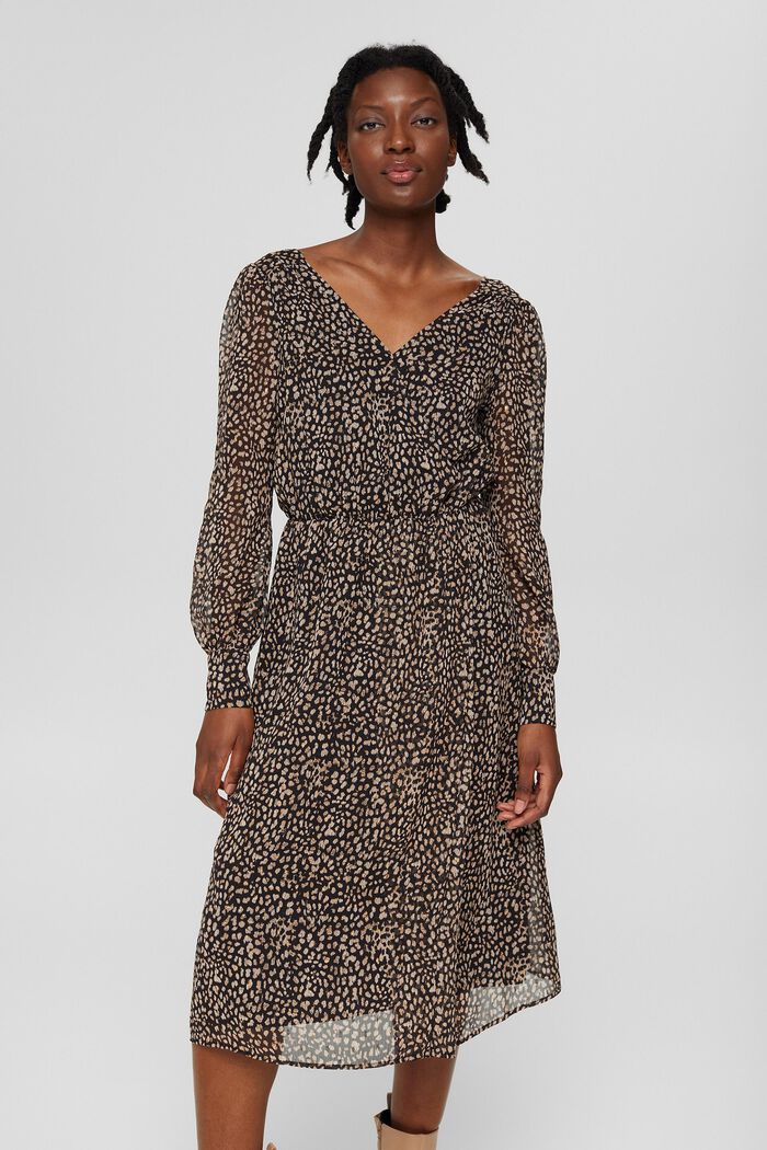 Chiffon-Kleid mit Print und Gitzereffekt, BLACK, detail image number 0