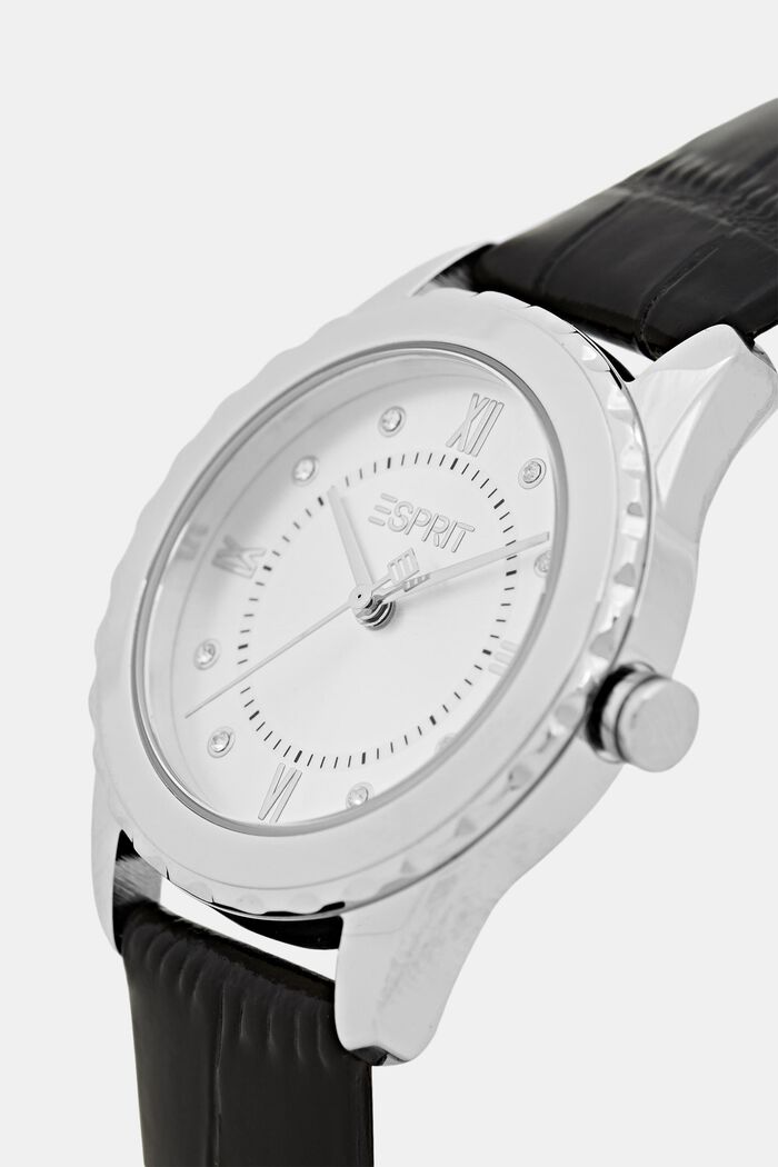 Edelstahl-Uhr mit strukturiertem Lederarmband, BLACK, detail image number 1