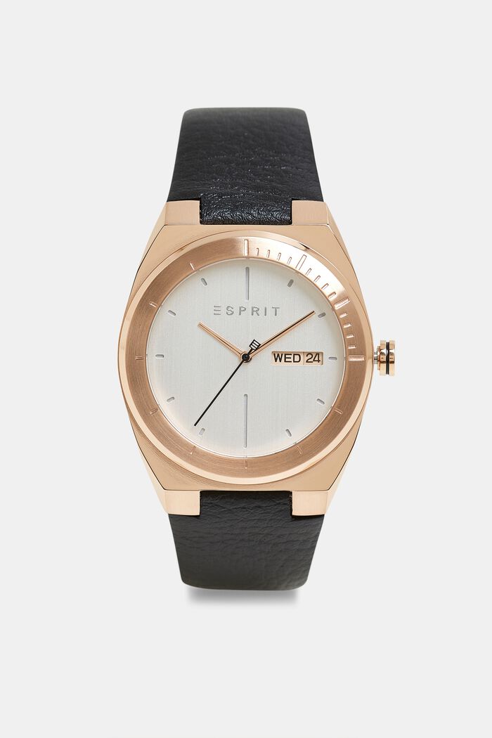 Edelstahl-Uhr mit Leder-Armband, BLACK, detail image number 0