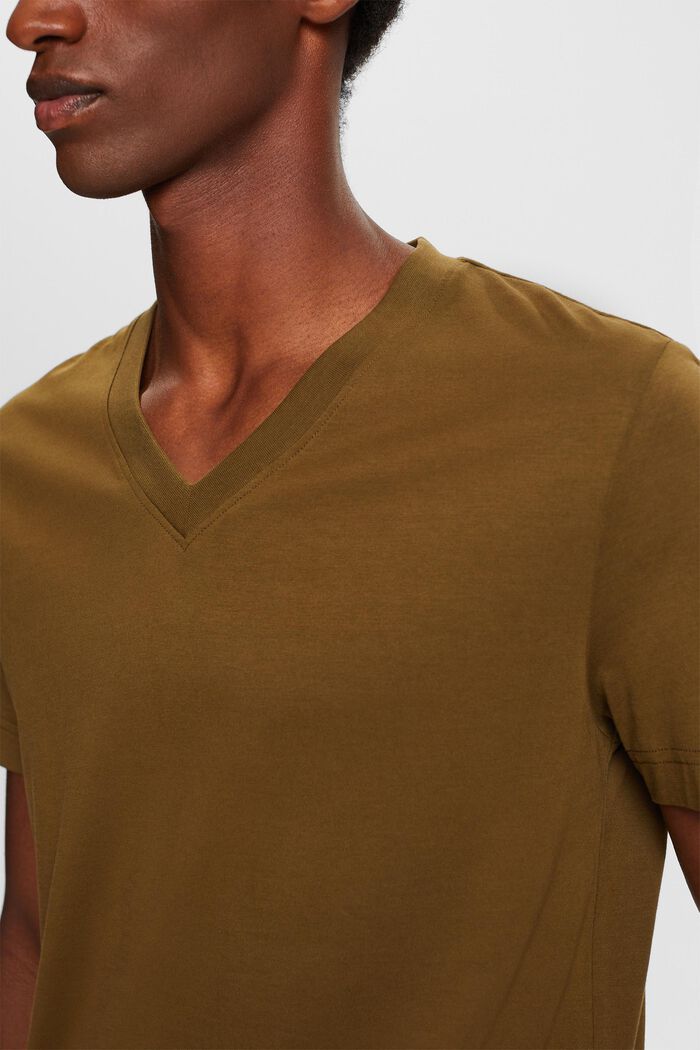 Jersey-T-Shirt mit V-Ausschnitt, 100 % Baumwolle, DARK KHAKI, detail image number 3