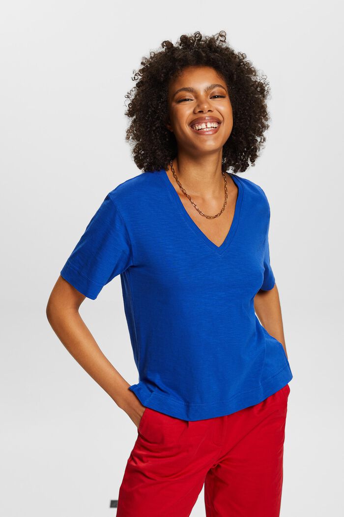 Slub-T-Shirt mit V-Ausschnitt, BRIGHT BLUE, detail image number 0