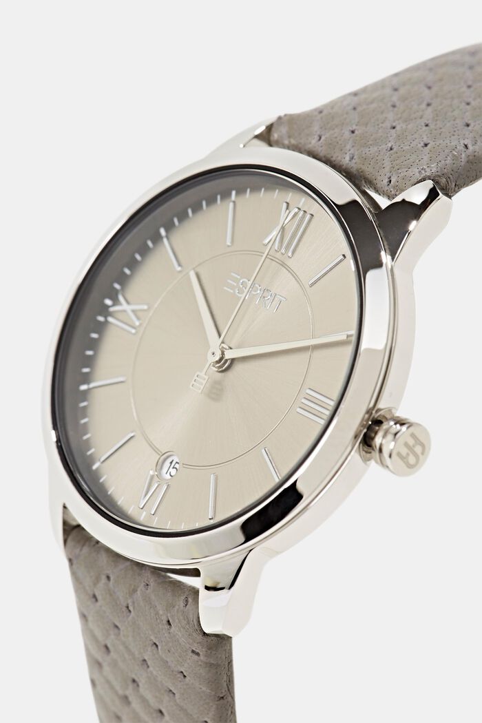 Edelstahl-Uhr mit struktuiertem Lederarmband, GREY, detail image number 1