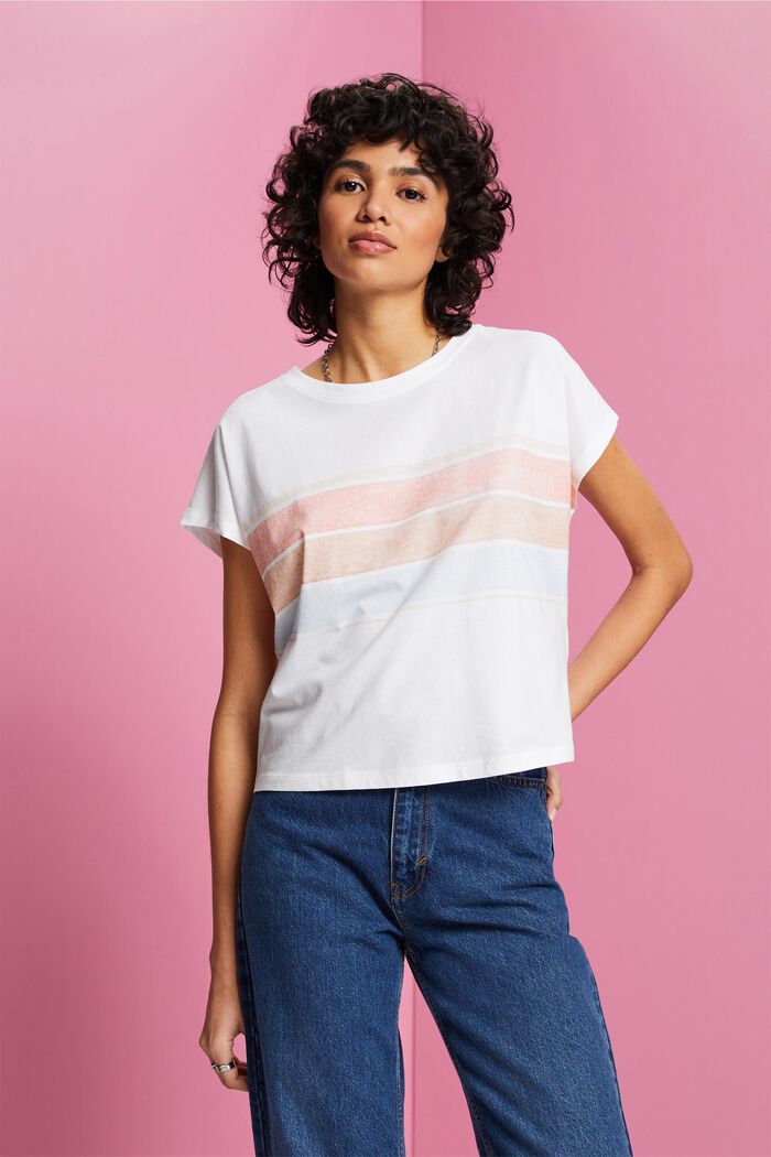 Verkürztes Streifen-T-Shirt aus Baumwolle, WHITE, detail image number 0