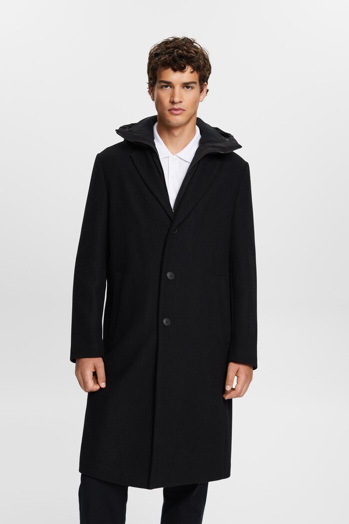 Mantel mit abnehmbarer Kapuze aus Wollmix, BLACK, detail image number 0