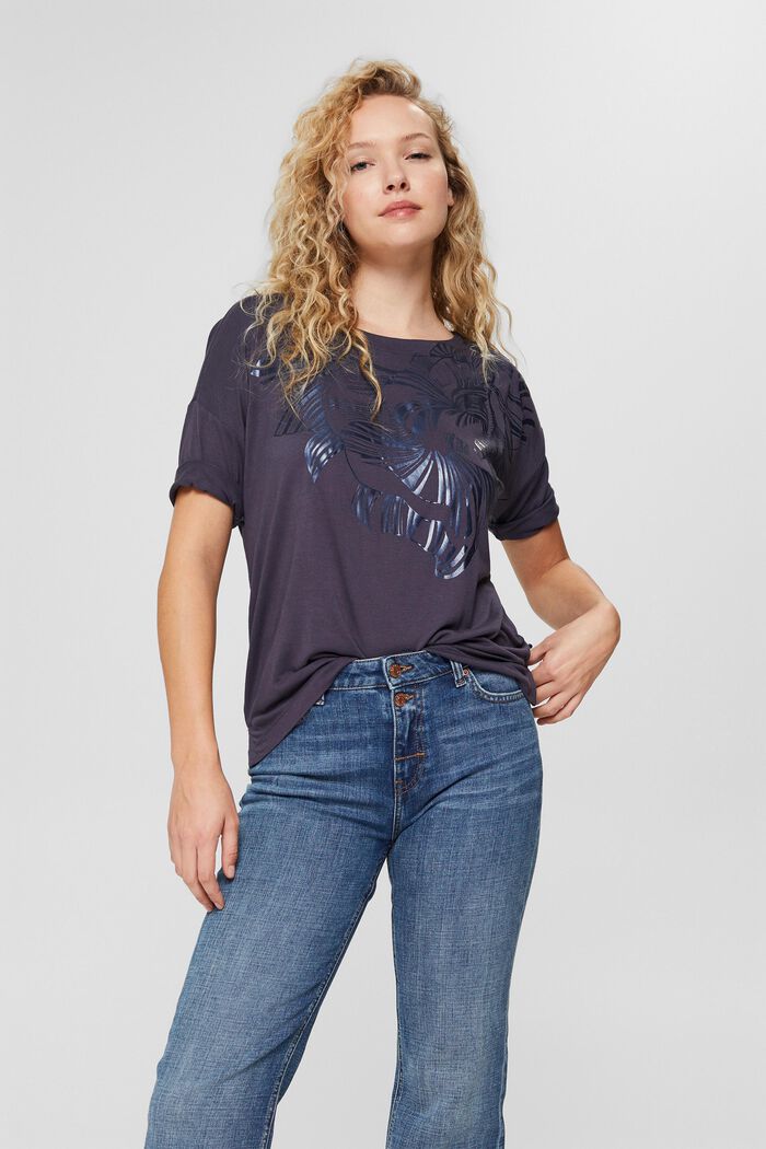 T-Shirt mit Metallic-Print, LENZING™ ECOVERO™, DARK BLUE, detail image number 5