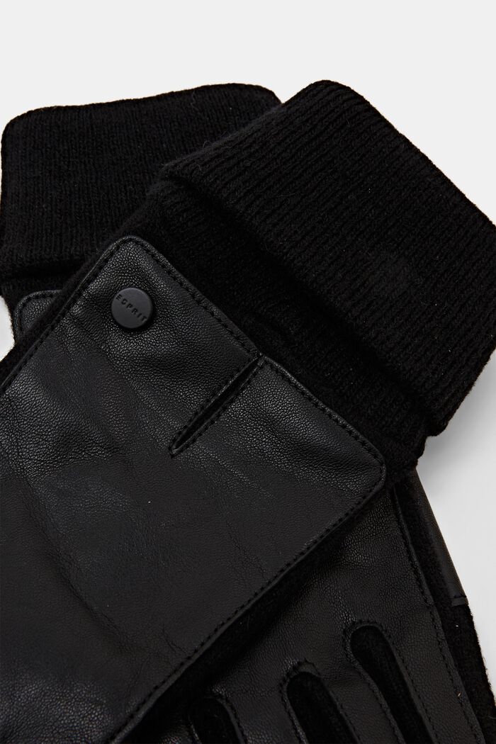 Strickhandschuhe aus Leder und Wollmix, BLACK, detail image number 1