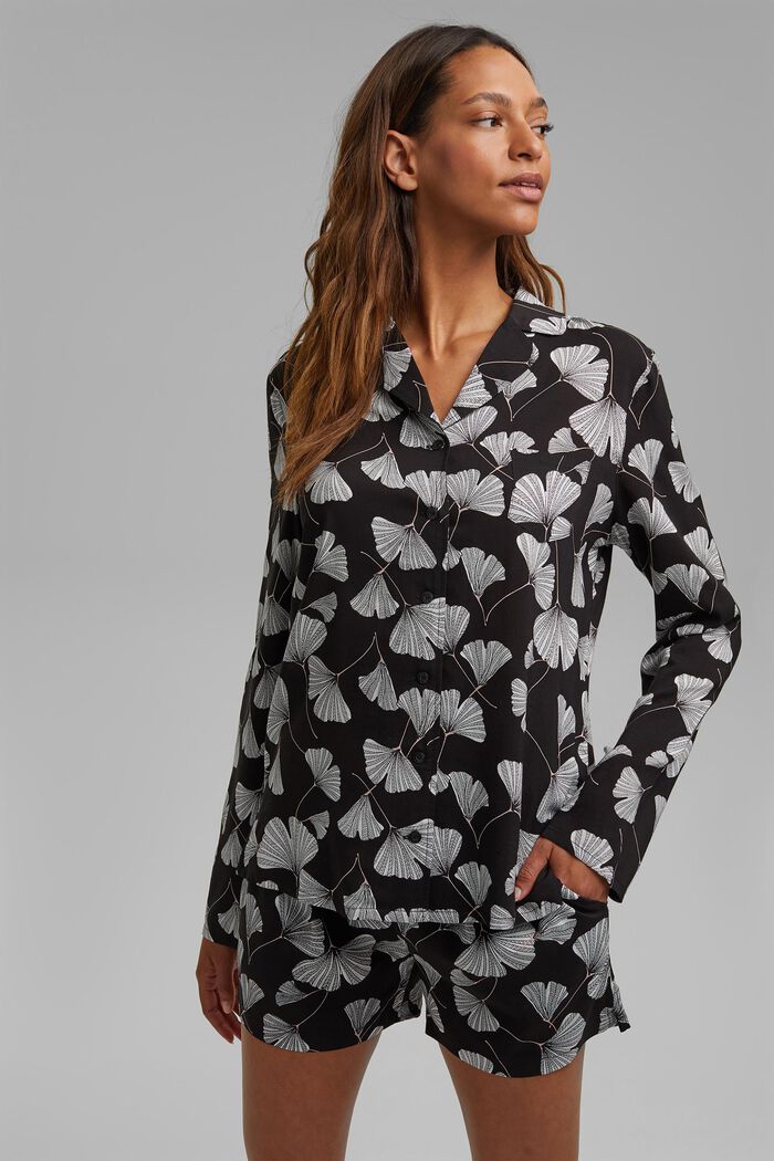 Pyjama mit Ginko-Print, LENZING™ ECOVERO™, BLACK, overview