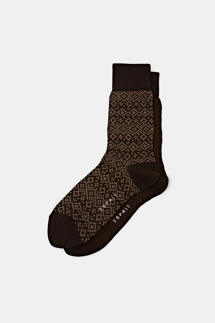 2er-Set Socken mit Fair Isle-Muster aus Wollmix, BROWN, overview