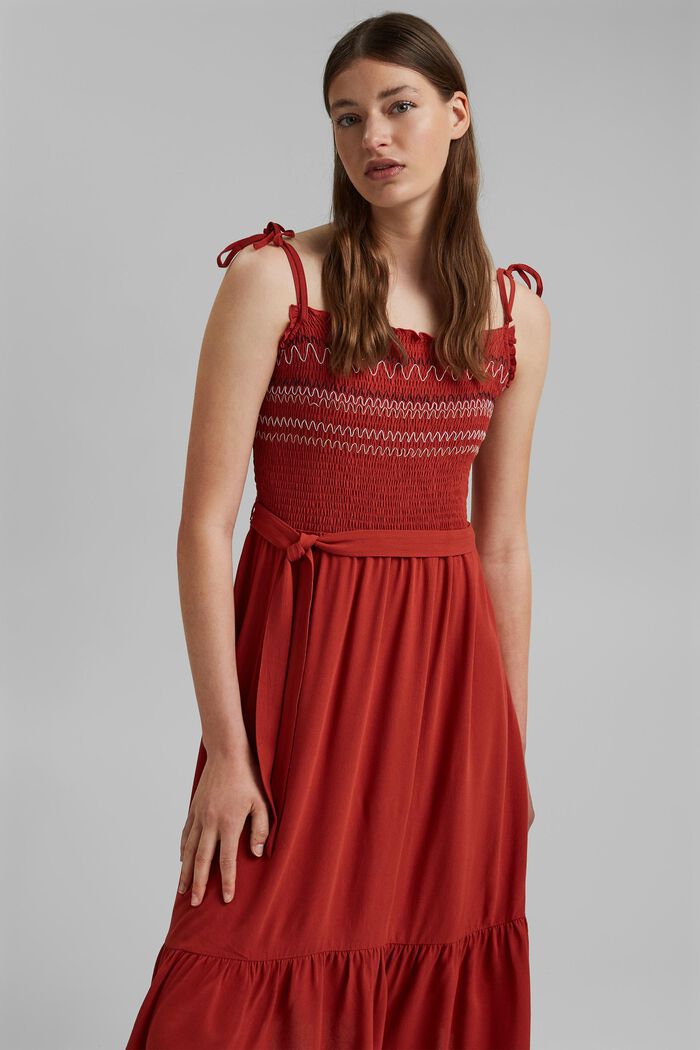 Besticktes Smok-Kleid aus LENZING™ ECOVERO™, TERRACOTTA, detail image number 0