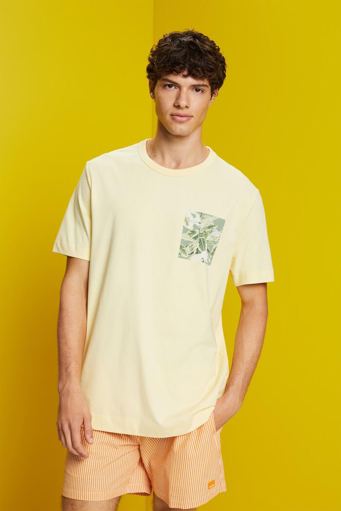 Jersey-T-Shirt mit Brust-Print, 100 % Baumwolle, LIGHT YELLOW, detail image number 0