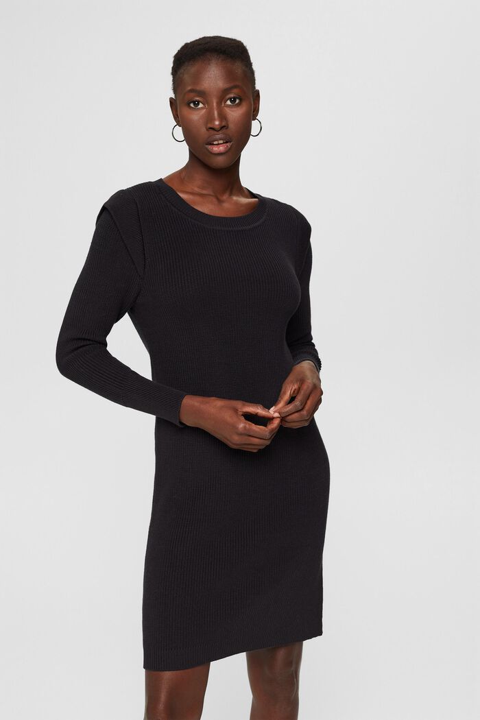 Rippstrick-Kleid mit Schulter-Detail, BLACK, detail image number 0